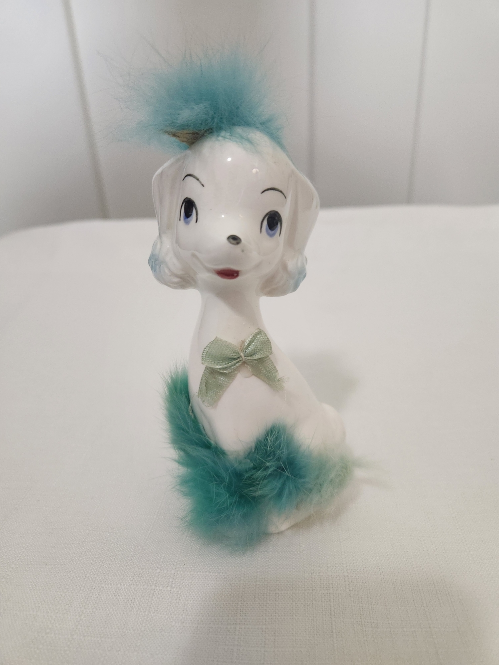 Vintage Ceramic Poodle Figurine With Feathers & Bow